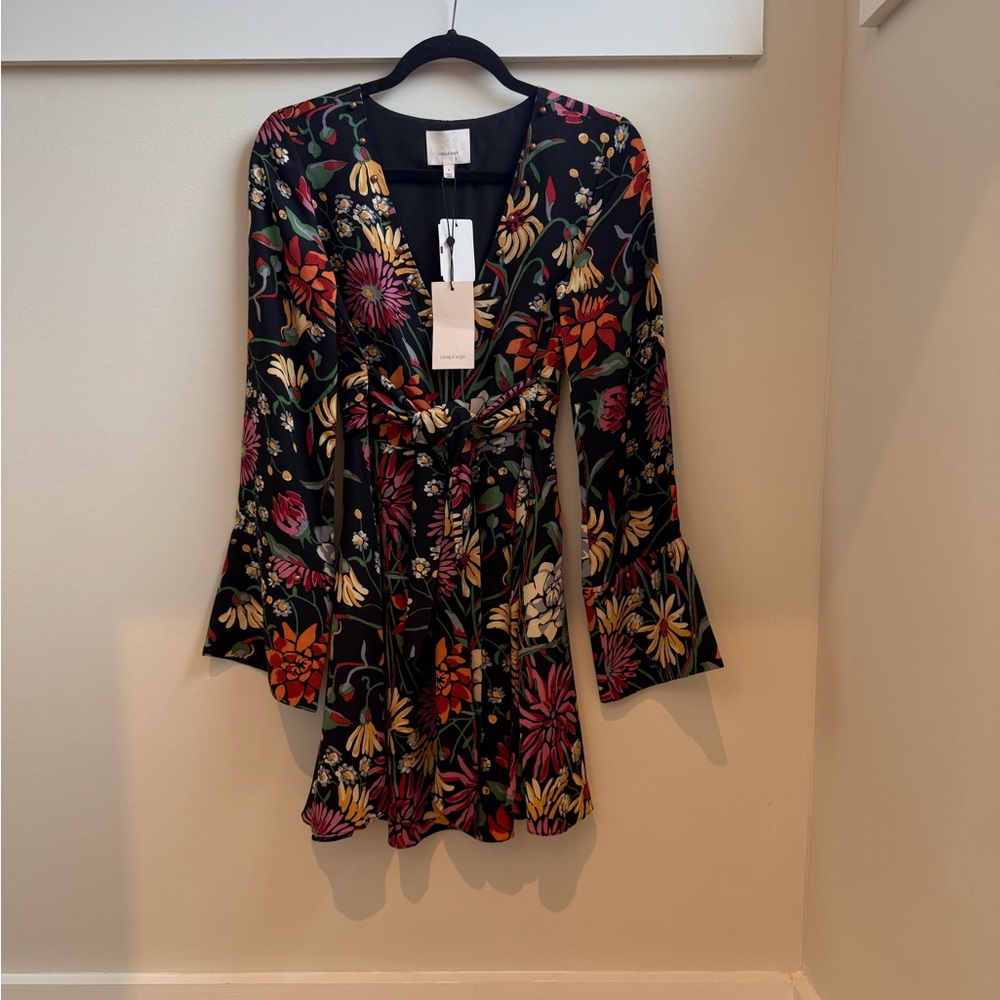Cinq à Sept Floral Long Sleeve Dress - Black and Multicolor